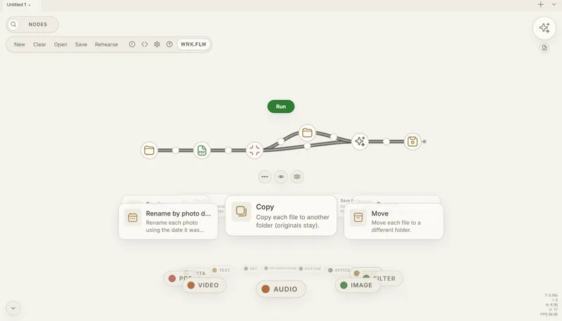 work.flow: graf zwinięty do ikon, pod nim podpowiedzi kolejnych kroków i kategorie node'ów